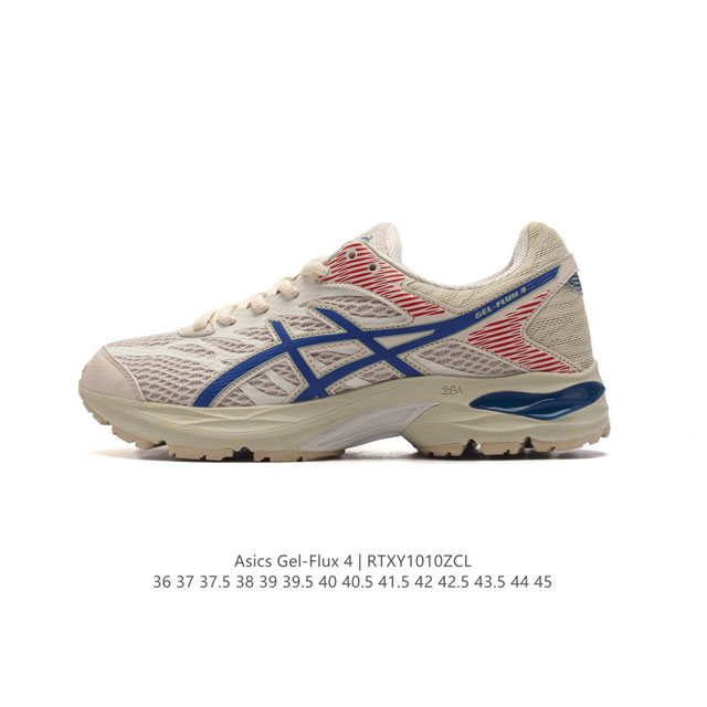 公司级 Asics 亚瑟士 Gel-Flux 4 男女子运动鞋舒适跑鞋缓震透气跑步鞋 。Gel-Flux4采用的是新一代轻质网布面，大孔洞设计极具透气性，柔软包