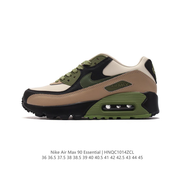 耐克 Nike Air Max 90 Essential 运动鞋气垫缓震跑步鞋，秉承该系列非凡缓震性能，缔造出众舒适穿着感与高级牛剖层革、人造革与织物组合鞋面，