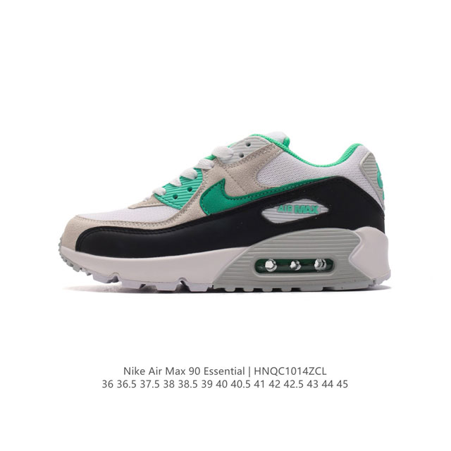 耐克 Nike Air Max 90 Essential 运动鞋气垫缓震跑步鞋，秉承该系列非凡缓震性能，缔造出众舒适穿着感与高级牛剖层革、人造革与织物组合鞋面，