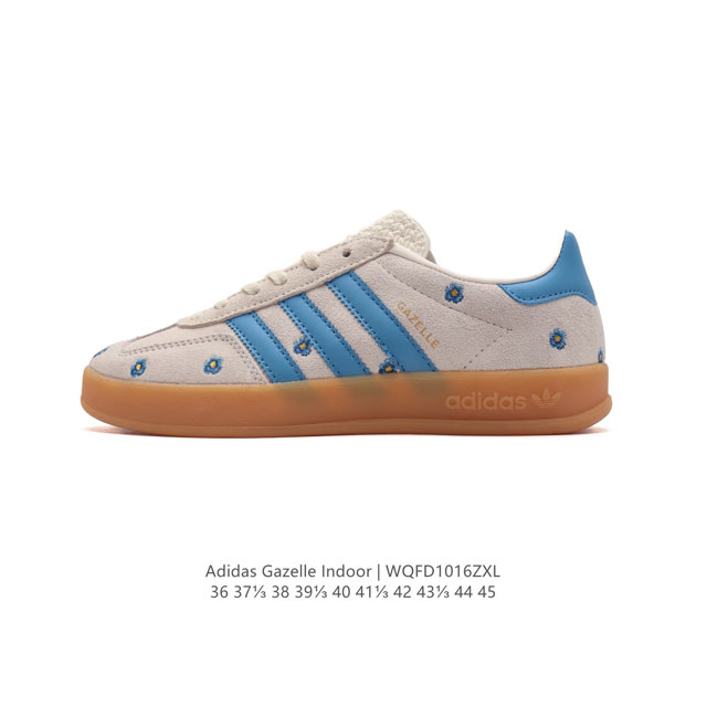 阿迪达斯 Adidas Originals Gazelle Indoor复古三叶草防滑透明橡胶板鞋经典运动鞋。这款经典鞋,忠于原版设计,缀撞色三条纹和鞋跟饰片。