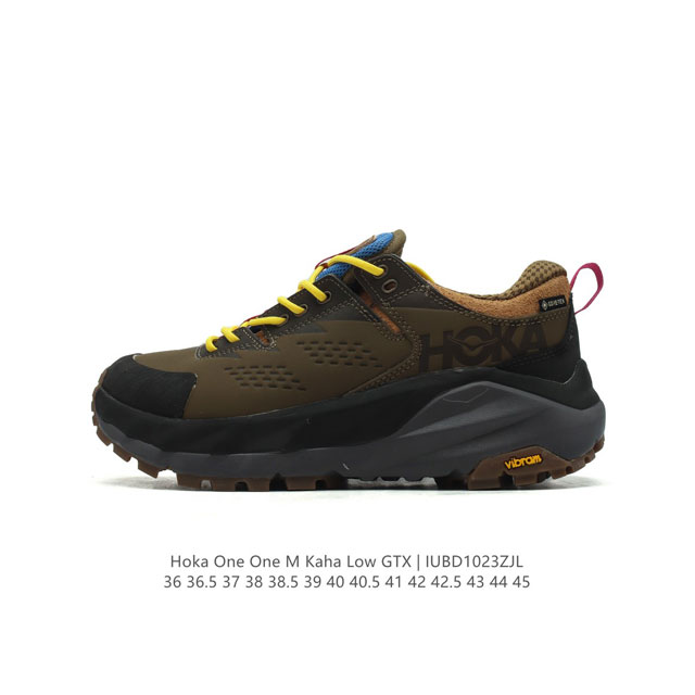 公司级 霍卡HOKA ONE ONE 大地飞越 Kaha 2 Low GTX 男女子登山鞋低邦徒步鞋减震防水支撑 卡哈2低邦防水版 缓震登山运动鞋。双密度中底提