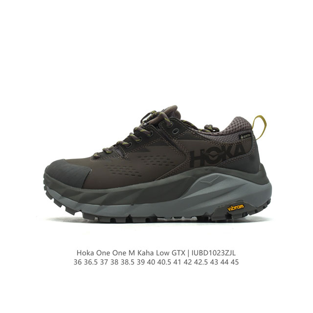 公司级 霍卡HOKA ONE ONE 大地飞越 Kaha 2 Low GTX 男女子登山鞋低邦徒步鞋减震防水支撑 卡哈2低邦防水版 缓震登山运动鞋。双密度中底提