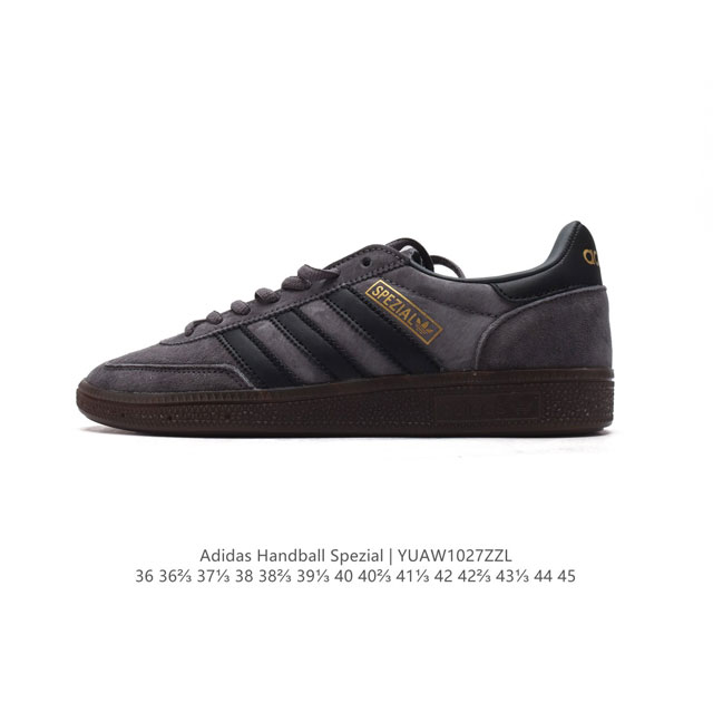 真标 阿迪达斯 Adidas HANDBALL SPEZIAL 低帮三叶草学院风复古休闲板鞋 德训鞋 橡胶底柔软皮革鞋面 经典运动鞋板鞋。圆头、缝合拼接设计、正