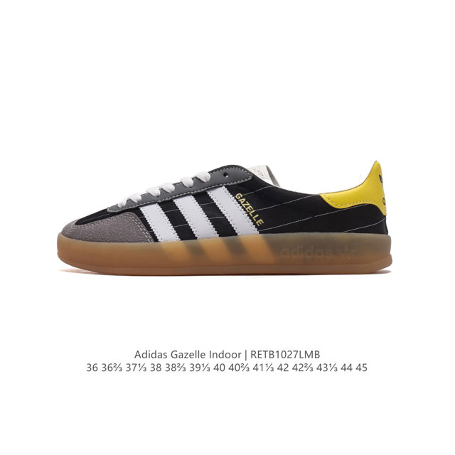 阿迪达斯 Adidas Originals Gazelle Indoor复古三叶草防滑透明橡胶板鞋经典运动鞋。这款经典鞋,忠于原版设计,缀撞色三条纹和鞋跟饰片。