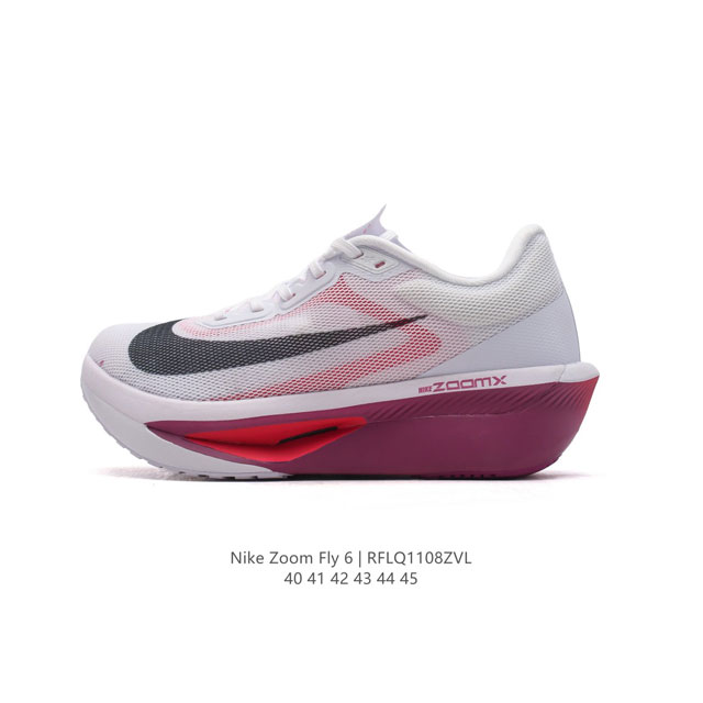 NIKE 耐克 2024春新款男子ZOOM FLY 6 PRM缓震轻便跑步鞋。这款鞋在继承了 Nike Zoom Fly 5 的基础上，承诺为跑者带来更上一层楼