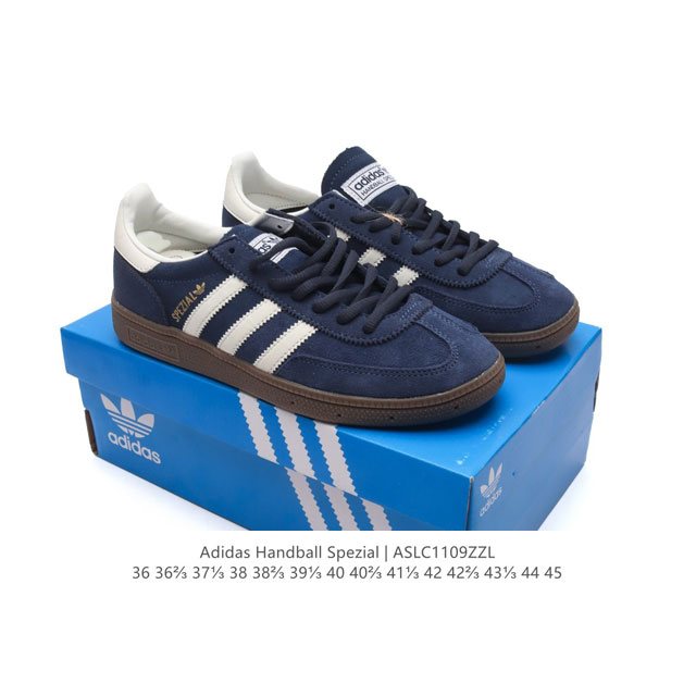 阿迪达斯 Adidas HANDBALL SPEZIAL 低帮三叶草学院风复古休闲板鞋 德训鞋 橡胶底柔软皮革鞋面 经典运动鞋板鞋。圆头、缝合拼接设计、正面绑带