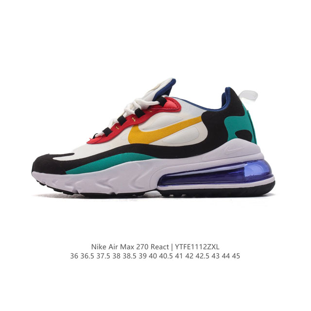 公司级 耐克nike Air Max 270 React 缓震气垫休闲运动鞋，具备时尚风格和舒适感受，演绎未来风范。柔软泡棉中底搭载大体积 Max Air 气垫