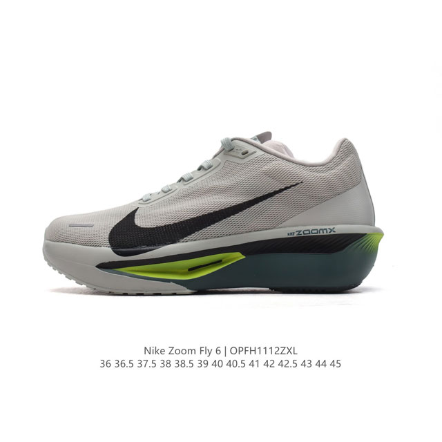 Nike 耐克 2024春新款男女子zoom Fly 6 Prm缓震轻便跑步鞋。这款鞋在继承了 Nike Zoom Fly 5 的基础上，承诺为跑者带来更上一层