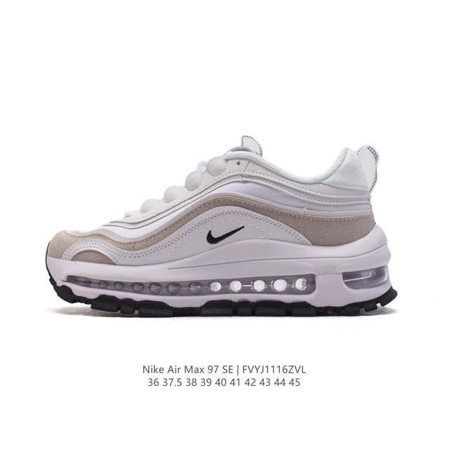 Nike 耐克 Nike Air Max 97 Se 气垫缓震男士跑步鞋 厚底增高百搭运动鞋。以织物材料以及皮革材质搭配而成 鞋侧的走线部分做了一个解构的处理，