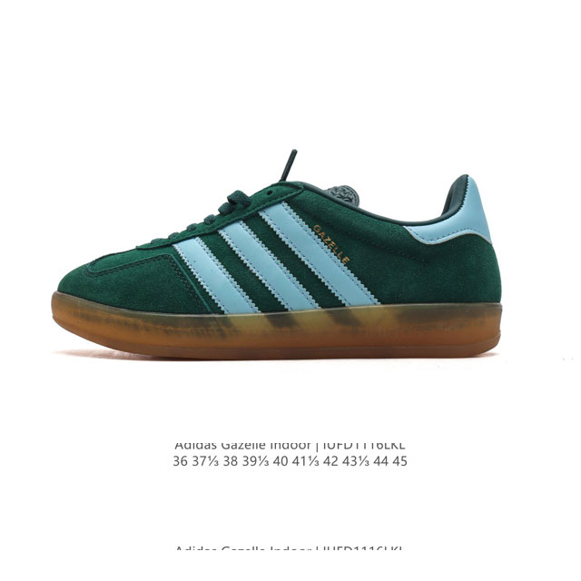 真标 阿迪达斯 Adidas Originals Gazelle Indoor复古三叶草防滑透明橡胶板鞋经典运动鞋。这款经典鞋,忠于原版设计,缀撞色三条纹和鞋跟