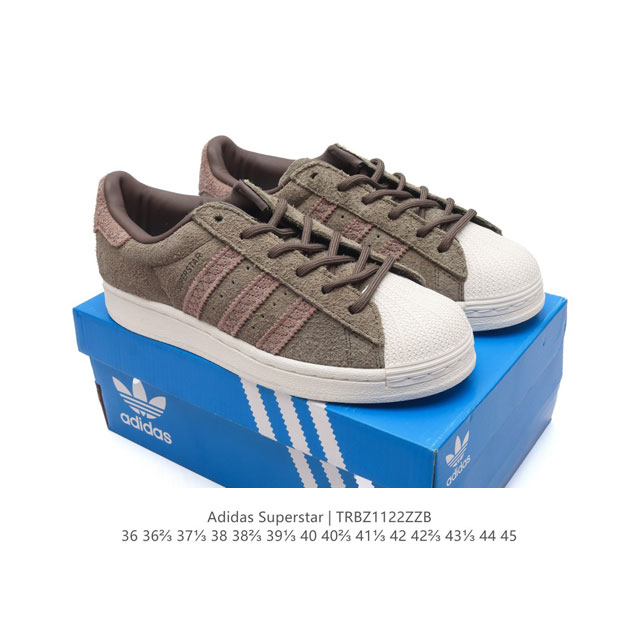 阿迪达斯 Adidas Superstar 三叶草经典贝壳头系列 新款休闲板鞋潮流男女士运动鞋 。鞋面柔软皮革材质 标志性的贝壳鞋头，锯齿三条纹，简约的线条。就