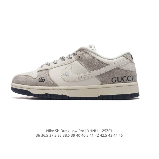 耐克 Nike Dunk Low Retro 运动鞋复古板鞋 Gucci联名。作为 80 年代经典篮球鞋款，起初专为硬木球场打造，后来成为席卷街头的时尚标杆，现