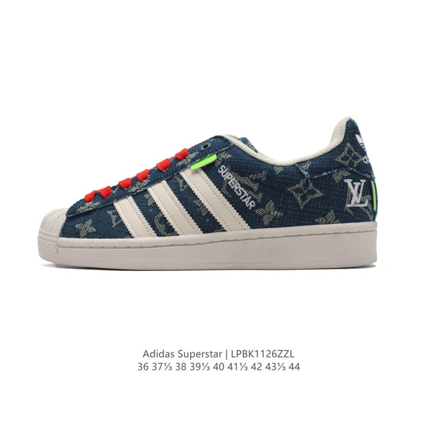 公司级 阿迪达斯 Adidas Superstar 三叶草 经典贝壳头系列 路易威登联名 新款休闲板鞋潮流男女士运动鞋 。鞋面柔软帆布材质 标志性的贝壳鞋头，锯