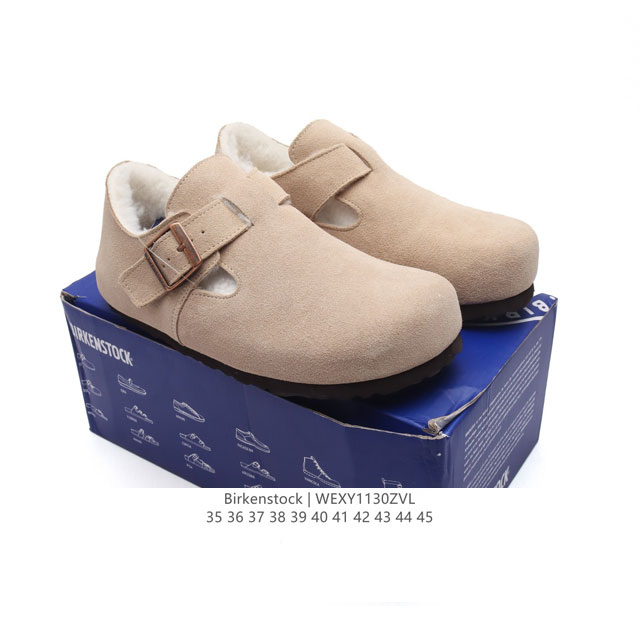 Birkenstock Boston Vl 勃肯男女鞋 加绒加毛 秋冬新款 绒面金属针扣软木底包头运动板鞋 天鹅绒般的绒面革赋子休闲的经典外观，牛皮绒面革质地柔