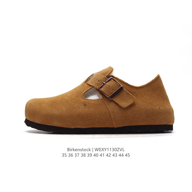 Birkenstock Boston Vl 勃肯男女鞋 加绒加毛 秋冬新款 绒面金属针扣软木底包头运动板鞋 天鹅绒般的绒面革赋子休闲的经典外观，牛皮绒面革质地柔