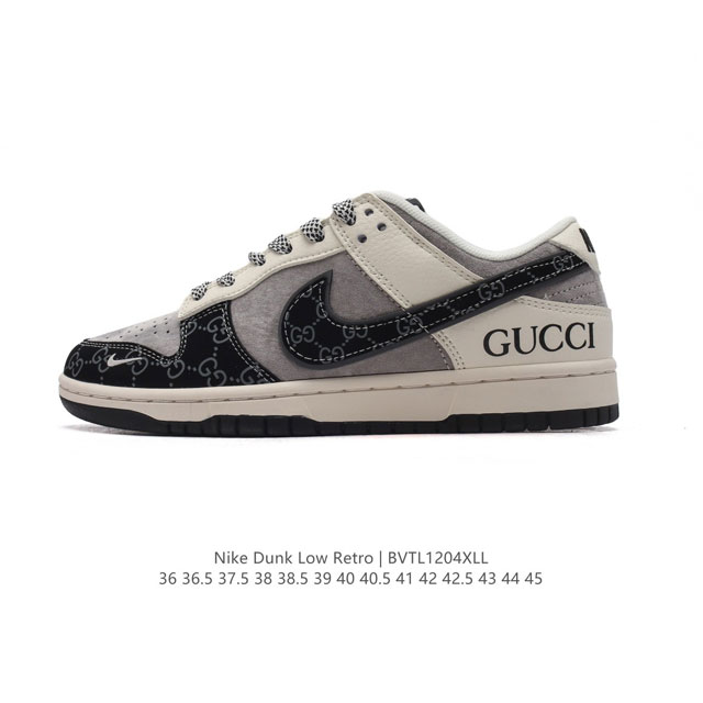 公司级 耐克 Nike Dunk Low Retro 运动鞋复古板鞋 Gucci 联名。作为 80 年代经典篮球鞋款，起初专为硬木球场打造，后来成为席卷街头的时