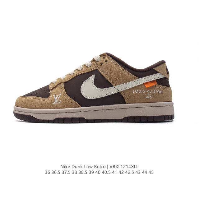 公司级 耐克 Nike Dunk Low Retro 运动鞋经典复古板鞋 路易威登联名。作为 80 年代经典篮球鞋款，起初专为硬木球场打造，后来成为席卷街头的时