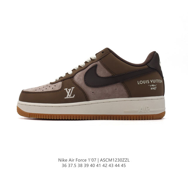 公司级 耐克 Nike Air Force 1 '07 Low 空军一号含气垫路易威登联名 低帮百搭厚底增高休闲运动板鞋。柔软、弹性十足的缓震性能和出色的中底设