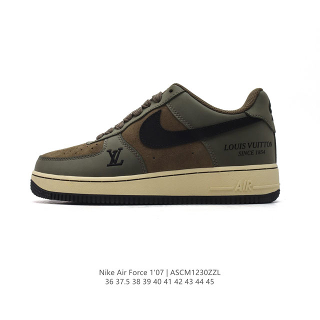 公司级 耐克 Nike Air Force 1 '07 Low 空军一号含气垫路易威登联名 低帮百搭厚底增高休闲运动板鞋。柔软、弹性十足的缓震性能和出色的中底设