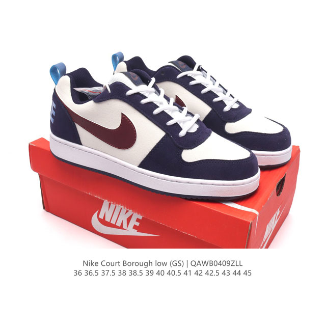 耐克 Nike 男女子运动鞋 Court Borough Low 小空军低帮板鞋。1.其皮革材质的鞋面结合网眼鞋舌，在出众外观与质感的同时提供稳固支撑，并且提升