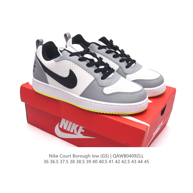 耐克 Nike 男女子运动鞋 Court Borough Low 小空军低帮板鞋。1.其皮革材质的鞋面结合网眼鞋舌，在出众外观与质感的同时提供稳固支撑，并且提升