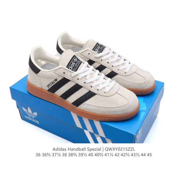 公司级 阿迪达斯 Adidas Handball Spezial 低帮三叶草学院风复古休闲板鞋 德训鞋 橡胶底柔软皮革经典运动鞋板鞋。圆头、缝合拼接设计、正面绑 - 点击图像关闭