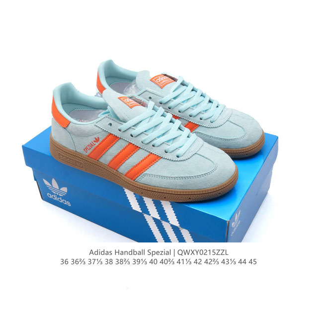 公司级 阿迪达斯 Adidas Handball Spezial 低帮三叶草学院风复古休闲板鞋 德训鞋 橡胶底柔软皮革经典运动鞋板鞋。圆头、缝合拼接设计、正面绑