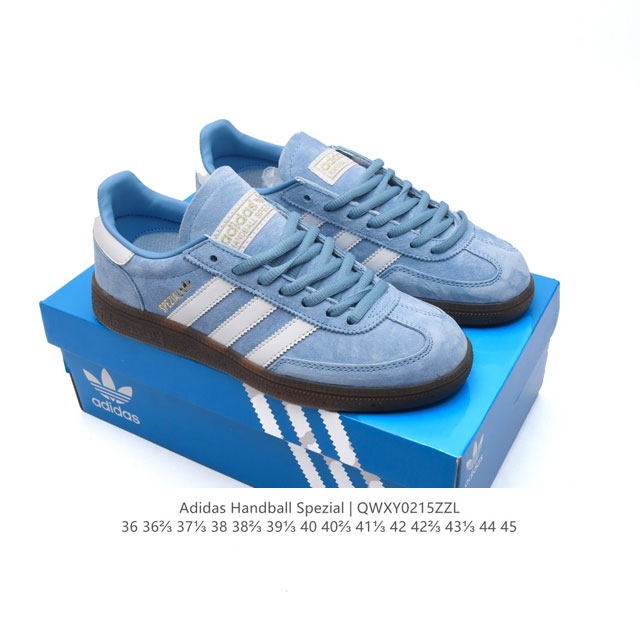 公司级 阿迪达斯 Adidas Handball Spezial 低帮三叶草学院风复古休闲板鞋 德训鞋 橡胶底柔软皮革经典运动鞋板鞋。圆头、缝合拼接设计、正面绑