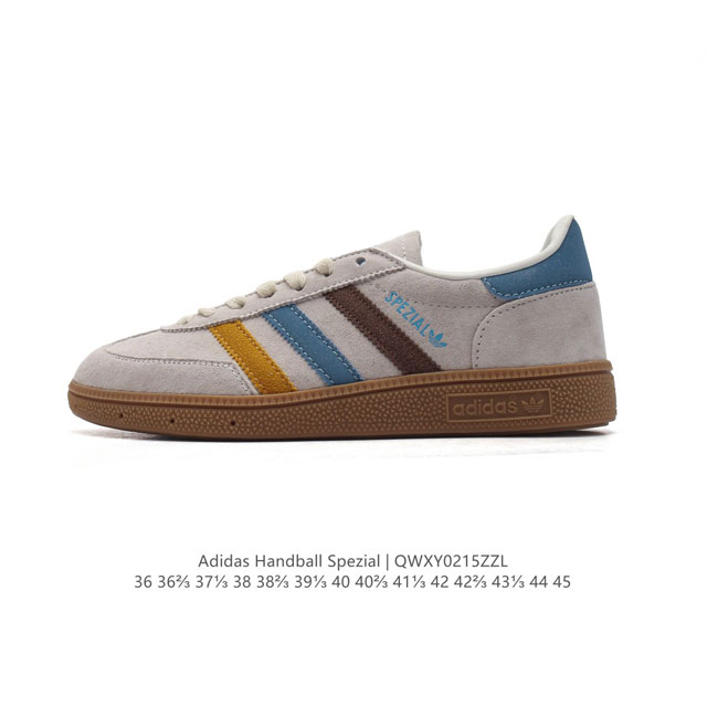 公司级 阿迪达斯 Adidas Handball Spezial 低帮三叶草学院风复古休闲板鞋 德训鞋 橡胶底柔软皮革经典运动鞋板鞋。圆头、缝合拼接设计、正面绑