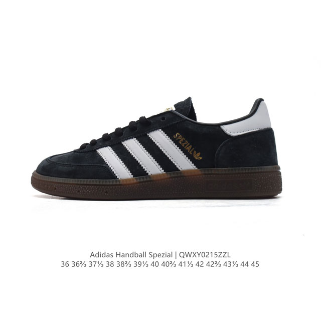 公司级 阿迪达斯 Adidas Handball Spezial 低帮三叶草学院风复古休闲板鞋 德训鞋 橡胶底柔软皮革经典运动鞋板鞋。圆头、缝合拼接设计、正面绑