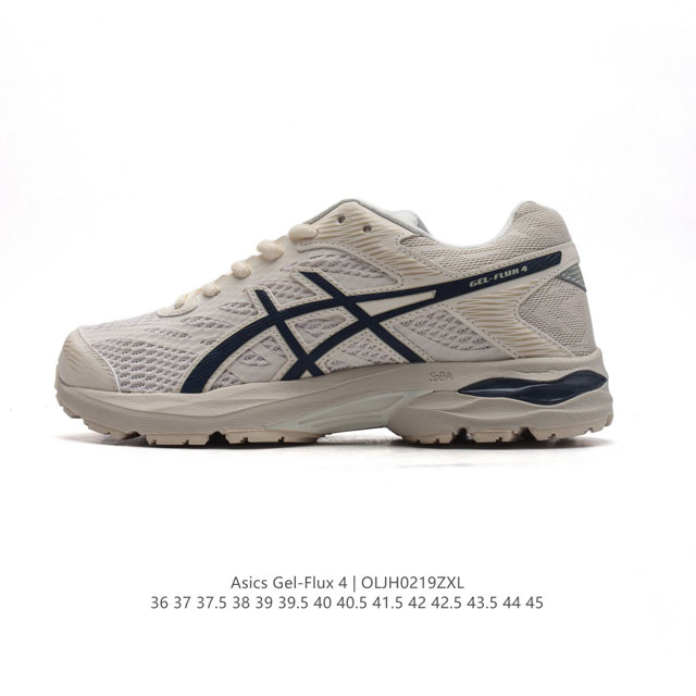 公司级 Asics 亚瑟士 Gel-Flux 4 男女子运动鞋舒适跑鞋缓震透气跑步鞋 。Gel-Flux4采用的是新一代轻质网布面，大孔洞设计极具透气性，柔软包