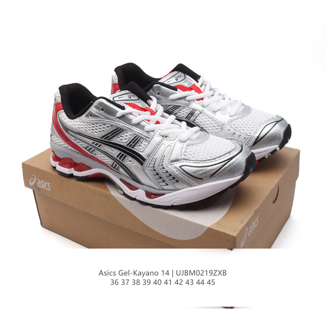 亚瑟士 Asics Gel-Kayano 14 运动休闲透气专业缓震慢跑鞋。采用工程弹性双层再生网格密度鞋面材质，后跟3D可视Gel缓震乳胶物料，升级Ff Bl