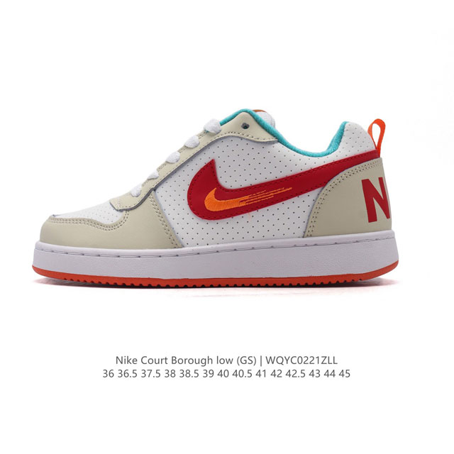 耐克 Nike 男女子运动鞋 Court Borough Low 小空军低帮板鞋。1.其皮革材质的鞋面结合网眼鞋舌，在出众外观与质感的同时提供稳固支撑，并且提升 - 点击图像关闭