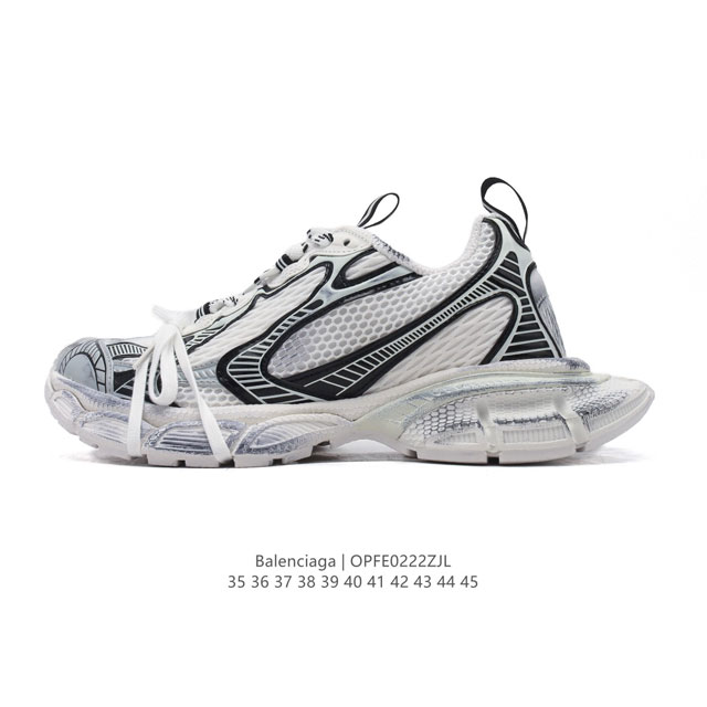 公司级 巴黎世家 Balenciaga 3Xl Sneakers 巴黎世家 十代网布系带低帮走秀复古老爹运动鞋 透气网面材料和聚氨酯 磨损效果 鞋头边缘和后帮