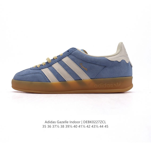 阿迪达斯 Adidas Originals Gazelle Indoor复古三叶草防滑透明橡胶板鞋经典运动鞋。这款经典鞋,忠于原版设计,缀撞色三条纹和鞋跟饰片。