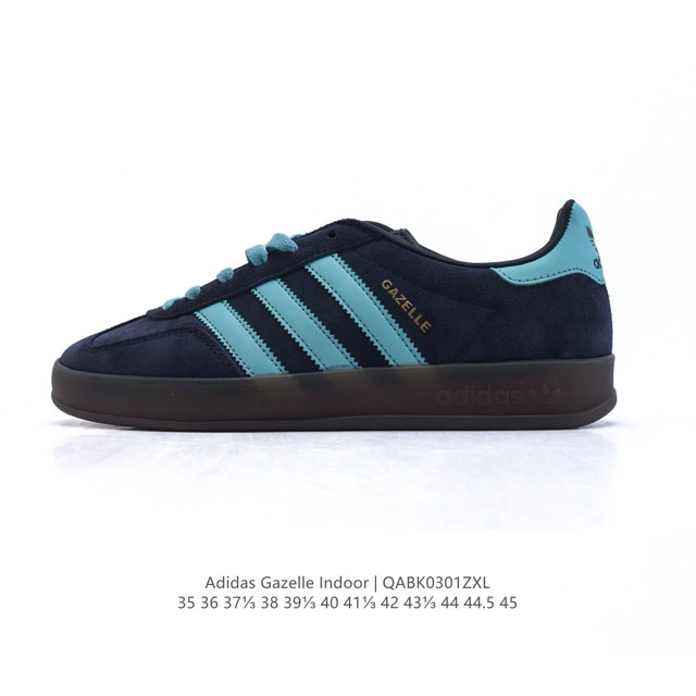 阿迪达斯 Adidas Originals Gazelle Indoor复古三叶草防滑透明橡胶板鞋经典运动鞋。这款经典鞋,忠于原版设计,缀撞色三条纹和鞋跟饰片。