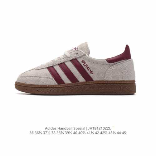 阿迪达斯 Adidas Handball Spezial 低帮三叶草学院风复古休闲板鞋 德训鞋 橡胶底柔软皮革面经典运动鞋板鞋。圆头、缝合拼接设计、正面绑带、鞋
