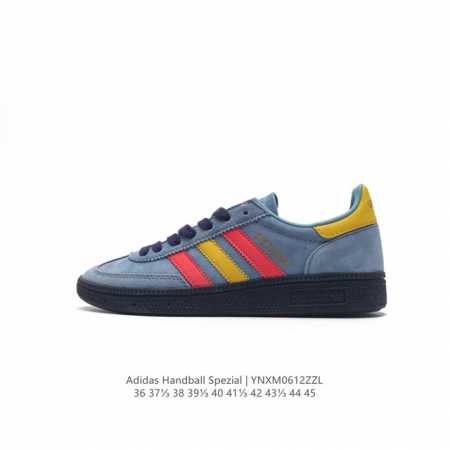 阿迪达斯 Adidas Handball Spezial 三叶草学院风复古休闲板鞋 德训鞋 橡胶底柔软皮革经典运动鞋板鞋。圆头、缝合拼接设计、正面绑带、鞋舌部位 - 点击图像关闭