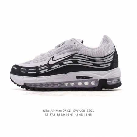 Nike 耐克 Nike Air Max 97 Se 气垫缓震男士跑步鞋 厚底增高百搭运动鞋。以织物材料以及皮革材质搭配而成 鞋侧的走线部分做了一个解构的处理， - 点击图像关闭