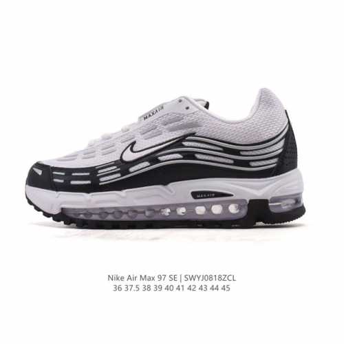 Nike 耐克 Nike Air Max 97 Se 气垫缓震男士跑步鞋 厚底增高百搭运动鞋。以织物材料以及皮革材质搭配而成 鞋侧的走线部分做了一个解构的处理，