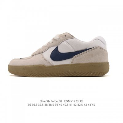 耐克Nike Sb Force 58 运动滑板鞋。这是一款将前沿创新带入街头的单品，它具有硫化杯底，具有出色的耐用性和灵活性。使用柔软皮革拼接，在饰面上放置通风