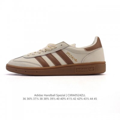 阿迪达斯 Adidas Handball Spezial 低帮三叶草学院风复古休闲板鞋 德训鞋 橡胶底柔软皮革经典运动鞋板鞋 圆头 缝合拼接设计 正面绑带 鞋舌