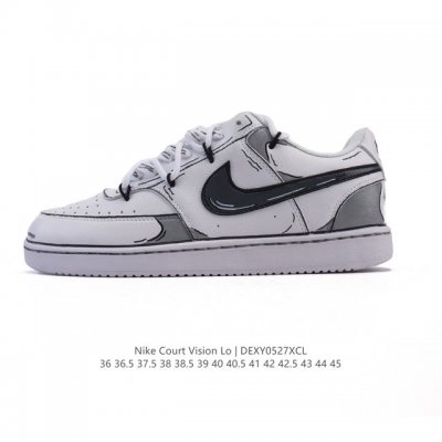 公司级 耐克Nike Court Vision Low 校园风低帮复古篮球板鞋男女运动鞋 解构绑带 双鞋带 延续80年代复古篮球鞋 添加学院风细节 皮革组合鞋面