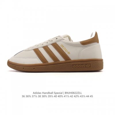 阿迪达斯 Adidas Handball Spezial 低帮三叶草学院风复古休闲板鞋 德训鞋 橡胶底柔软皮革经典运动鞋板鞋。圆头、缝合拼接设计、正面绑带、鞋舌