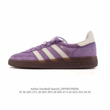 公司级 阿迪达斯 Adidas Handball Spezial 低帮三叶草学院风复古休闲板鞋 德训鞋 橡胶底柔软皮革经典运动鞋板鞋。圆头、缝合拼接设计、正面绑 - 点击图像关闭