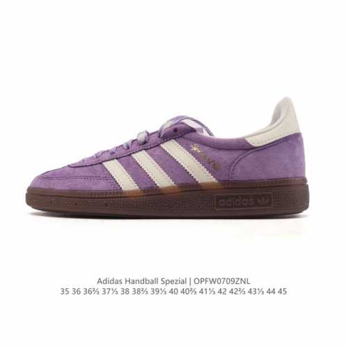 公司级 阿迪达斯 Adidas Handball Spezial 低帮三叶草学院风复古休闲板鞋 德训鞋 橡胶底柔软皮革经典运动鞋板鞋。圆头、缝合拼接设计、正面绑