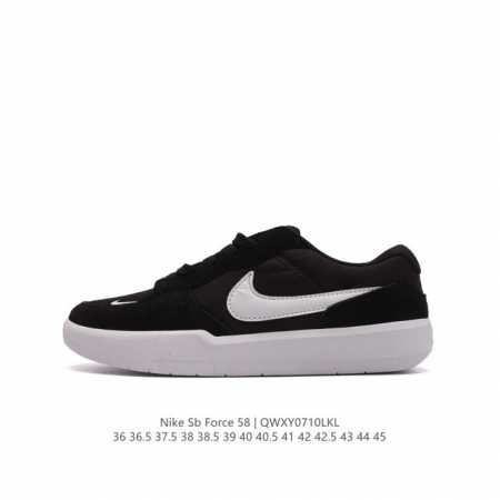 耐克nike Sb Force 58 运动滑板鞋。这是一款将前沿创新带入街头的单品，它具有硫化杯底，具有出色的耐用性和灵活性。使用柔软皮革加帆布拼接鞋面，在饰面 - 点击图像关闭