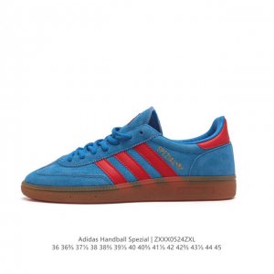 阿迪达斯 Adidas Handball Spezial 三叶草学院风复古休闲板鞋 德训鞋 橡胶底柔软皮革经典运动鞋板鞋。圆头、缝合拼接设计、正面绑带、鞋舌部位