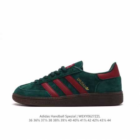阿迪达斯 Adidas HANDBALL SPEZIAL 低帮三叶草学院风复古休闲板鞋 德训鞋 橡胶底柔软皮革经典运动鞋板鞋。圆头、缝合拼接设计、正面绑带、鞋舌 - 点击图像关闭
