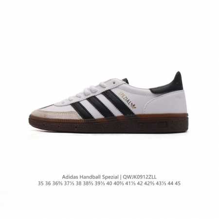 阿迪达斯 Adidas Handball Spezial 低帮三叶草学院风复古休闲板鞋 德训鞋 橡胶底柔软皮革经典运动鞋板鞋。圆头、缝合拼接设计、正面绑带、鞋舌 - 点击图像关闭